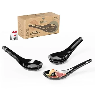 Afbeelding van Urban Lifestyle 6 x Porseleinen Lepels Zwart Aziatische Rijstlepel Soeplepel Proeflepel Fingerfood Lepel Hapjes Kostproef The Taste