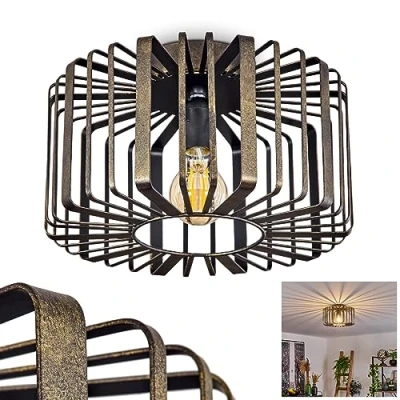 Afbeelding van plafondlamp Oravi, ronde metalen in brons/oud goud, 1 lichts, E27 fitting, zonder gloeilamp, Ø 30 cm, retro/vintage licht met geweldig lichteffect door rasteroptiek