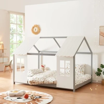 Afbeelding van Kinderbed Tostedt huisbed grenen grijs en wit 140x200 cm [en.casa]