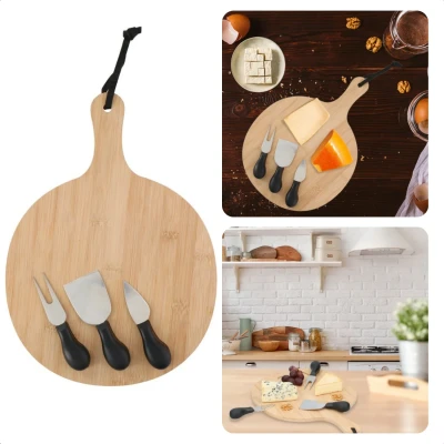 Afbeelding van Cheqo® Bamboe Kaasplank met 3 RVS Kaasmesjes Kaasmes 25 cm Diameter Serveerplank Hapjesplank Borrelplank Kaas Plank Kaasplankje Messen