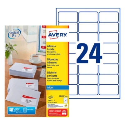 Afbeelding van Avery witte etiketten QuickDry ft 63,5 x 33,9 mm (b h), 2.400 stuks, 24 per blad etiket