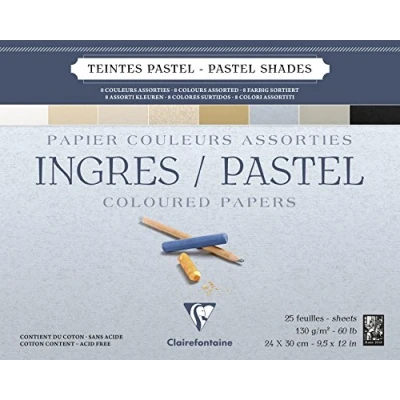 Afbeelding van Clairefontaine Ref 96487C Ingres Pastel Colour Gelijmd Pad (25 vellen) 24 x 30 cm formaat, katoen, zuurvrij, 130 g/m² papier diverse pastelkleuren
