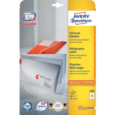Afbeelding van Etiket Avery Zweckform 3490 70x36mm wit 600stuks