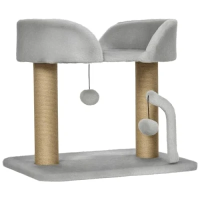 Afbeelding van PawHut Krabpaal design met 2 pompons om op te hangen, sisalpalen + platform van pluche 48 x 38 42 cm grijs