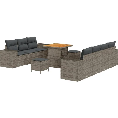Afbeelding van vidaXL 10 delige Tuin Sofa Set met Kussens Grijs Poly Rattan Acacia, 3 Eet Acacia