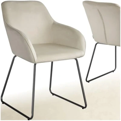 Afbeelding van tectake® Eetkamerstoel Jeane met doorlopende rugleuning en armleuning Kuipstoel fluwelen bekleding Stijlvolle keukenstoel voor eetkamer of woonkamer Slipvrije vloerbeschermende voetjes Crème/zwart