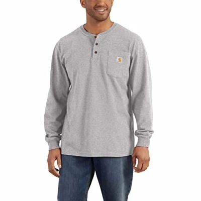 Afbeelding van Carhartt Heren T shirt, lange mouwen, dik, met tunesische kraag en zak, losse pasvorm, werkprogramma, Grijs Chinees, L