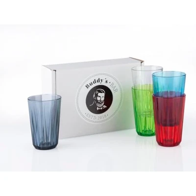 Afbeelding van Buddy&#039;s Bar Set van 6 hoogwaardige drinkglazen 0,3 liter, BPA vrij, kristalglas look, onbreekbare herbruikbare glazen, herbruikbaar en vaatwasmachinebestendig, 300 ml, kleurrijk
