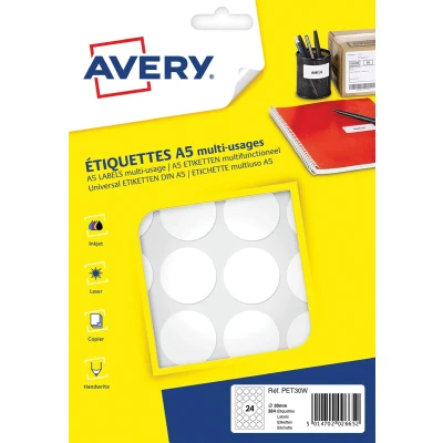 Afbeelding van Avery PET30W ronde markeringsetiketten, diameter 30 mm, blister van 384 stuks, wit markeringsetiketten