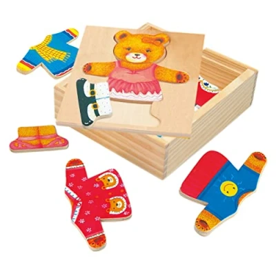 Afbeelding van Bino 88048 Houten Dressup Puzzel Beer, Baby Jigsaw met kleurrijke kleding, 18 stuks in kastdoos. Afmetingen: 13x4,3x14 cm, Multicolor