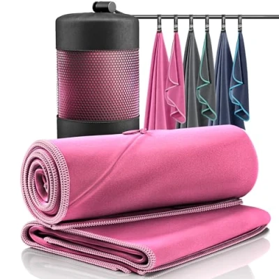 Afbeelding van Microvezel Handdoek, Set van 2 + Opbergzak Reishanddoek Groot &amp; Klein: Badhanddoek Handdoek Sneldrogende Reishanddoek, Sporthanddoek, Absorptie, Licht, Mini, Reizen, Sport, Backpacker, Outdoor (Pink)