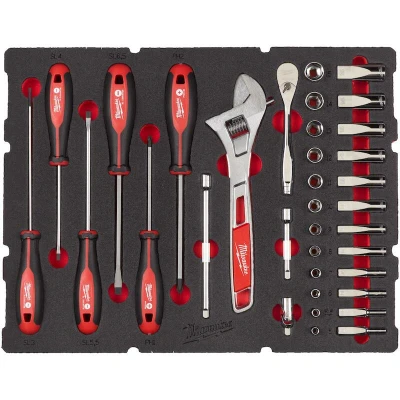 Afbeelding van Milwaukee Accessoires 1/4&quot; Ratel, Dop, Schroevendraaier en Moersleutel Set PACKOUT Foam Inlay 35 delig 4932480717