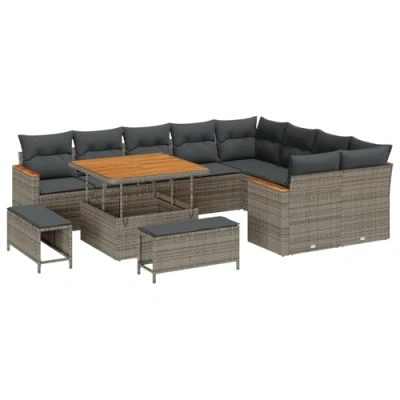 Afbeelding van vidaXL 12 delige Tuin Sofa Set met Kussens Grijs Poly Rattan Acacia, 3 Eettafel Acacia