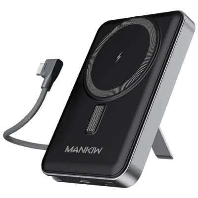 Afbeelding van MANKIW Powerbank voor Mag safe, 10000mAh, 22,5W, Draadloze Magnetische met Verstelbare Standaard en Geïntegreerde Type C Kabel iPhone 16/15/14/13/12/Pro