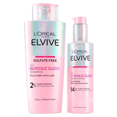 Afbeelding van L&#039;Oréal Paris Elvive Glycolic Gloss Illuminating Shampoo met Glycolzuur 200ml + Leave In Serum Voor Poreus en Dof Haar Intense Langdurige Glans 150ml 2 Flessen