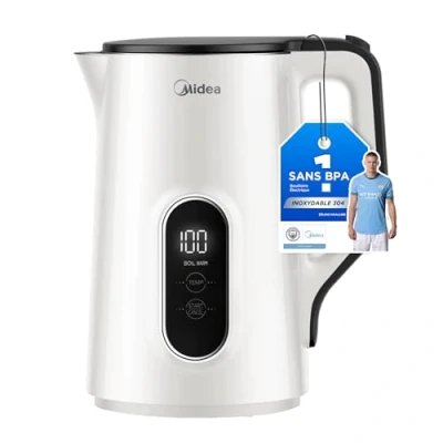 Afbeelding van Midea waterkoker met temperatuurinstelling, 1,5 liter, 2200 W, dubbele wand, witte temperatuurweergave en veiligheidsfuncties, roestvrijstalen waterkoker, BPA vrij