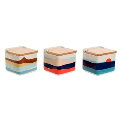 Afbeelding van Home ESPRIT Zoutvaatje met deksel, blauw, groen, roze, paars, bamboe, tropisch, 750 ml, 14 x 12,5 12 cm (3 stuks)