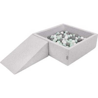 Afbeelding van KiddyMoon schuimspeelplaats voor kinderen met vierkante ballenbak (100 ballen), lichtgrijs: wit / grijs mintkleurig