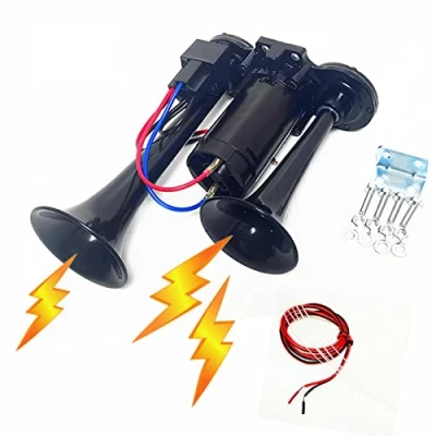 Afbeelding van YIYIDA auto hoorn elektrische luchthoorn 165db trompetten zwarte dubbele buis claxon vrachtwagen alarm luidspreker voor 12V boot ect