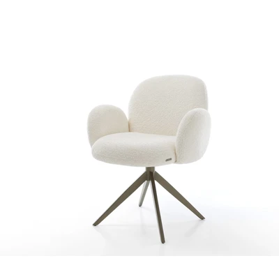 Afbeelding van Eetkamerstoel Nube Flex met armleuning kruisframe breed afwerking titaniumeffect bouclé wit pocketveer kern 360 draaibaar