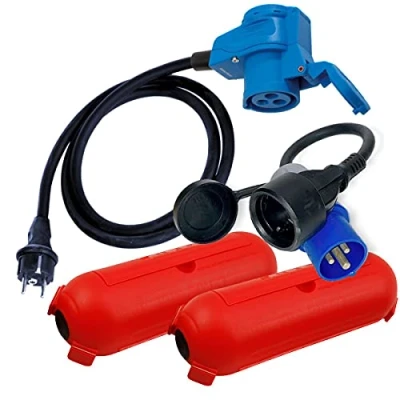 Afbeelding van IntuiFlex CEE Adapter Schuko kabel stekker haakse koppeling met stopcontact en beschermbox set campingaccessoires boot camper caravan tuin 3 x 2,5 mm² 230 V 16 A campingadapter stroom