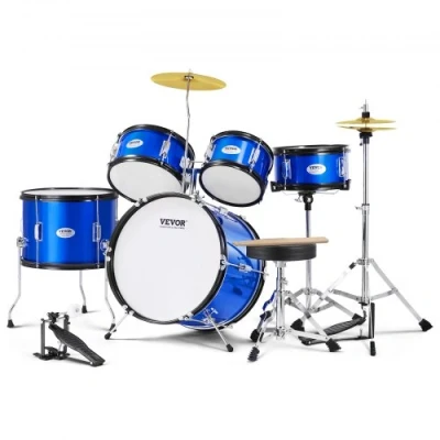 Afbeelding van VEVOR Drumset voor kinderen, 406 mm, complete accu beginners, 5 stuks, met lage toms, lichte kist, stoel, Charleston bekkens, 2 paar drumsticks, muziekinstrumenten, blauw