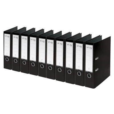 Afbeelding van Leitz VON Ordner A4, verpakking van 10 stuks, karton met kunststof omslag, 80 mm rugbreedte, voor 600 vel, blauwe engel en FSC gecertificeerd, school, studie thuis, zwart, 10550095