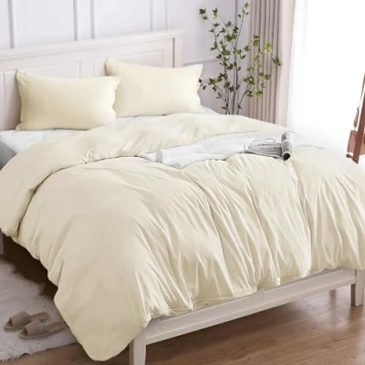Afbeelding van Dekbedovertrek voor Frans bed, 100% katoen, 200 x cm (2 kussenslopen 50 80), beddengoedset van premium 150 g/m², Oeko Tex, zacht, ademend, hypoallergeen, lichtbeige
