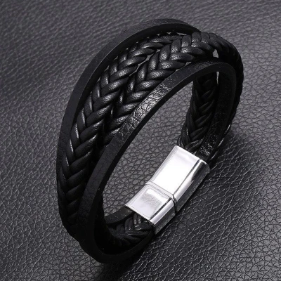 Afbeelding van Heren Armband Leer met Dubbele Vlecht Zwart Stalen Sluiting Leren Armbanden Cadeau voor Man Mannen Cadeautjes