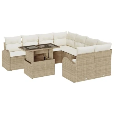 Afbeelding van vidaXL 9 delige Tuin Sofa Set met Kussens Beige Poly Rattan, 2 Persoons Opbergruimte &amp; Rattan