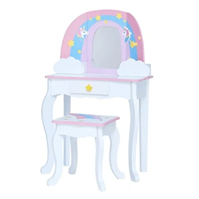 Afbeelding van Teamson Kids Houten Kaptafel Kinderen Tafel en Stoel Set Roze/Regenboog