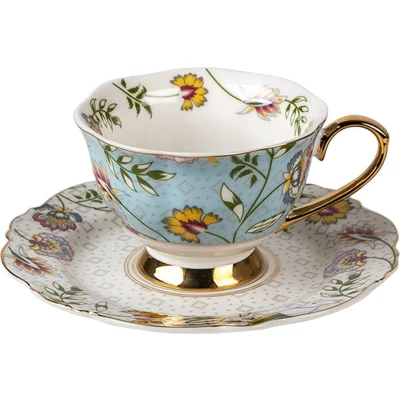 Afbeelding van Clayre &amp; Eef Kop en schotel 200 ml Wit Blauw Porselein Servies