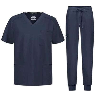 Afbeelding van B well Matteo Scrubset voor heren, jas en joggingbroek, set geneeskunde, arts, uniform, medische beroepskleding met elastaan, grijs, XL