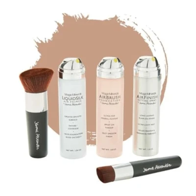 Afbeelding van Magic Minerals AirBrush Foundation 5 delige set by Jerome Alexander Warm/Medium incl. 2 Kabuki kwasten, Primer en AirFinish settingspray Make up met een natuurlijke dekking