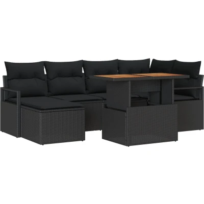 Afbeelding van vidaXL 7 delige tuinsofa set met kussens zwart poly rattan acacia