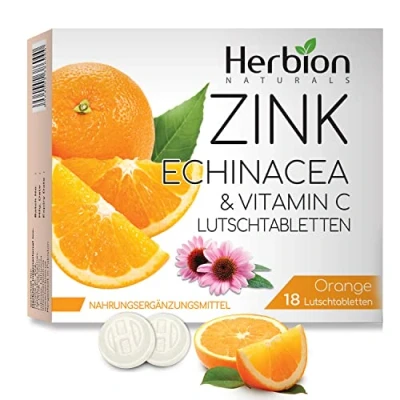 Afbeelding van Herbion Naturals Zuigtabletten van zink, echinacea en vitamine C met natuurlijke sinaasappelsmaak — 18 CT Voedingssupplement ondersteunt het immuunsysteem, voor volwassenen kinderen vanaf 5 jaar