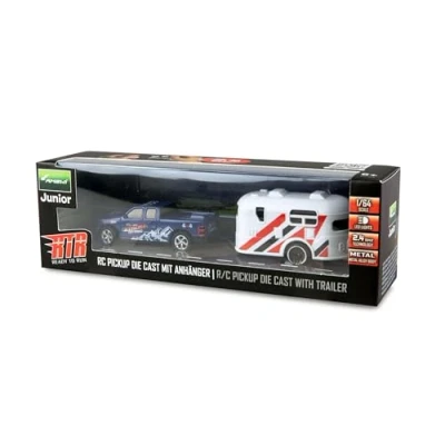 Afbeelding van Amewi RC Pickup De Cast op afstand bestuurd met caravanaanhanger, 1:64 RTR, blauw, kinderen vanaf 6 jaar