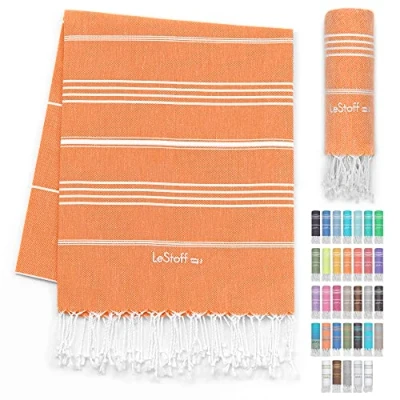 Afbeelding van LeStoff de traditionele Hamamdoek Strandlaken Badhanddoek Saunahanddoek Douchehanddoek Spa Sport Yoga Reizen 100% Biologisch Katoen. Duurzaam, natuurlijk, zacht en voorgewassen. (95 x 180 cm, Orange)