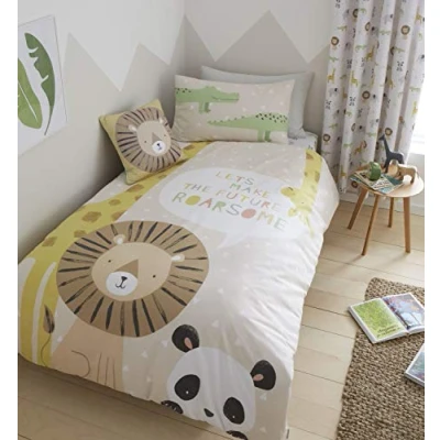 Afbeelding van Catherine Lansfield Roarsome Animals Omkeerbare Eenpersoons Dekbedovertrek Set met Kussensloop Naturel