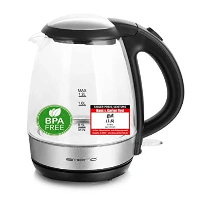 Afbeelding van Emerio WK 125145 Waterkoker, 1,2 liter, 2200 watt, led binnenverlichting, 360 basis, borosilicaatglas, BPA vrij, dekselopening met één druk op de knop, ideaal voor thuis, camping of kantoor