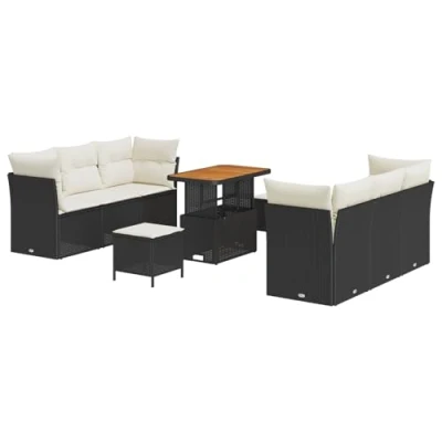 Afbeelding van vidaXL 9 delige Tuin Sofa Set met Kussens Zwart Poly Rattan Acacia, 3 Eet Acacia