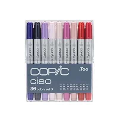 Afbeelding van COPIC Ciao Marker Set D met 36 kleuren, all round layout markers op alcoholbasis, in praktische acryl display voor opslag en gemakkelijke verwijdering.