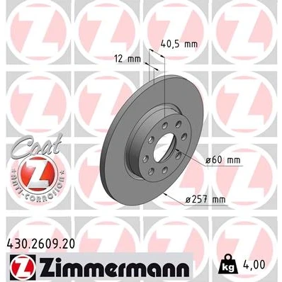Afbeelding van ZIMMERMANN Remschijf OPEL: Corsa D Hatchback, FIAT: Grande Punto Evo Hatchback COAT Z 257mm 12mm 8/4 4 gat 100mm volledig Gecoat