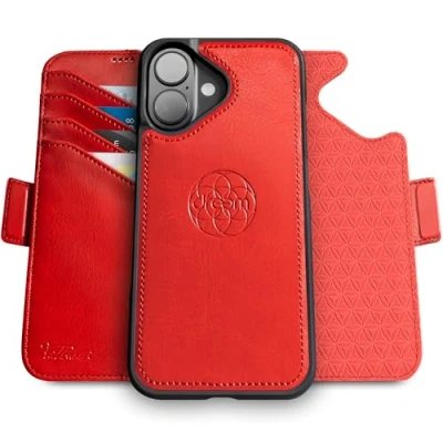 Afbeelding van Dreem Fibonacci compatibel met iPhone 16 portemonnee case / 2 in 1 schokbestendig hoesje en afneembare veganistisch lederen folio, MagSafe, RFID bescherming [Rood]