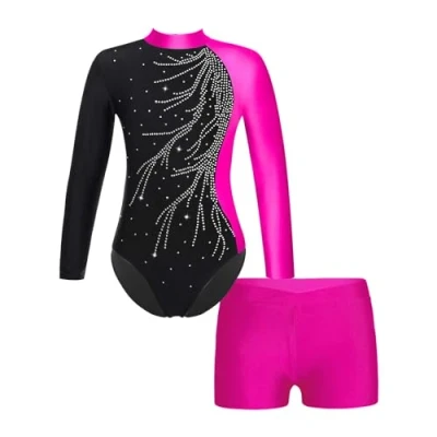Afbeelding van Gymnastiekpak voor ballet, lange mouwen, kinderen, turnpakje korte broek, danskleding meisjes, yoga overall Roze, 6