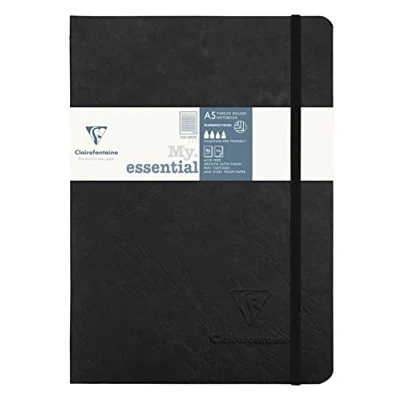 Afbeelding van Clairefontaine 793421C Age Bag Collectie Zwart Elastisch Gebonden Notitieboek My.Essential A5 14,8x21cm 192 Genummerde Pagina&#039;s Vierkante Ruitjes Ivoor Papier 90g Glanzende Karton, leer Kaft