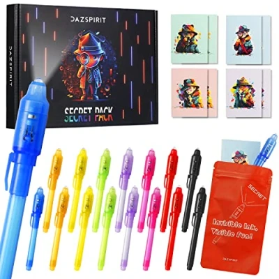 Afbeelding van DazSpirit 16 Packs Invisible Ink Pennen en Notitieboekjes Detective Thema, UV Licht Spionage Party Bag Vullers voor Jongens Meisjes, Magische Geheime Bericht Feesten