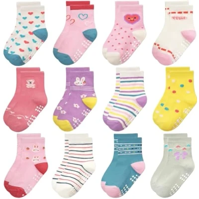 Afbeelding van Yafane 12 paar antislip sokken voor jongens en meisjes, uniseks, klein katoen, schattig, met manchetten, antislip, baby&#039;s, meerkleurig 7, 3 5 Jaar