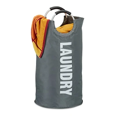 Afbeelding van Relaxdays vouwbare wasmand, met hengsel, 60 liter, licht, H x Ø: 70 38 cm, draagbare waszak, ronde wasbox, donkergrijs