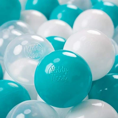 Afbeelding van KiddyMoon 700 ∅ 7cm kinderballen speelballen voor ballenbad baby plastic ballen made in eu, turquoise/transparant/wit